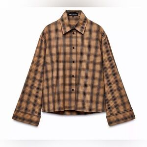 ZARA Women's Brown Plaid Oversized Button Down Blouse Wide Sleeve Size XL
